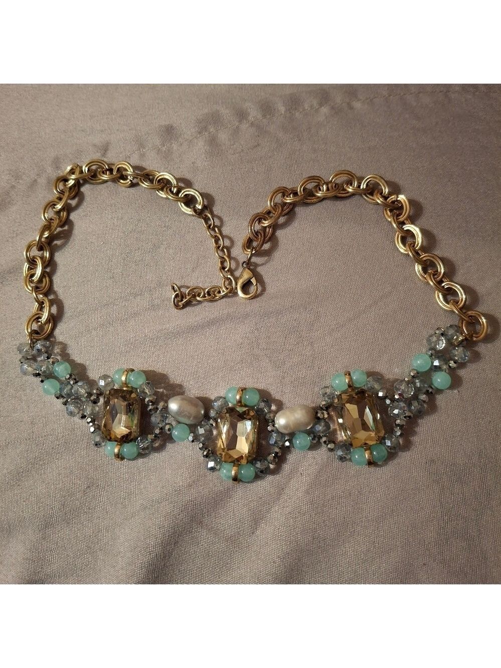 Genuine pearls, natural Jade and rhinestones 18" + ext Statement Necklace - Picture 2 of 11
